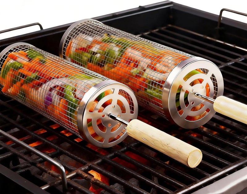 Bmavysa Rolling Grill Basket 2-Pack, Premium 304 Stainless Steel, Removable Wooden Handles, Upgrade Rolling Grill Baskets for Outdoor Grill, BBQ Grill Accessories for Camping/Backyard Cooking, Ideal Gift for Dad/Husband - Image 1